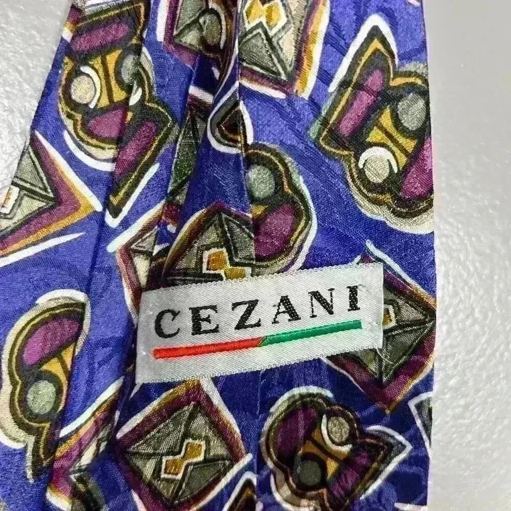VINTAGE 80s Cezani 100% Silk Italian Tie Necktie Blue Street Art Bold 57 x 3.75